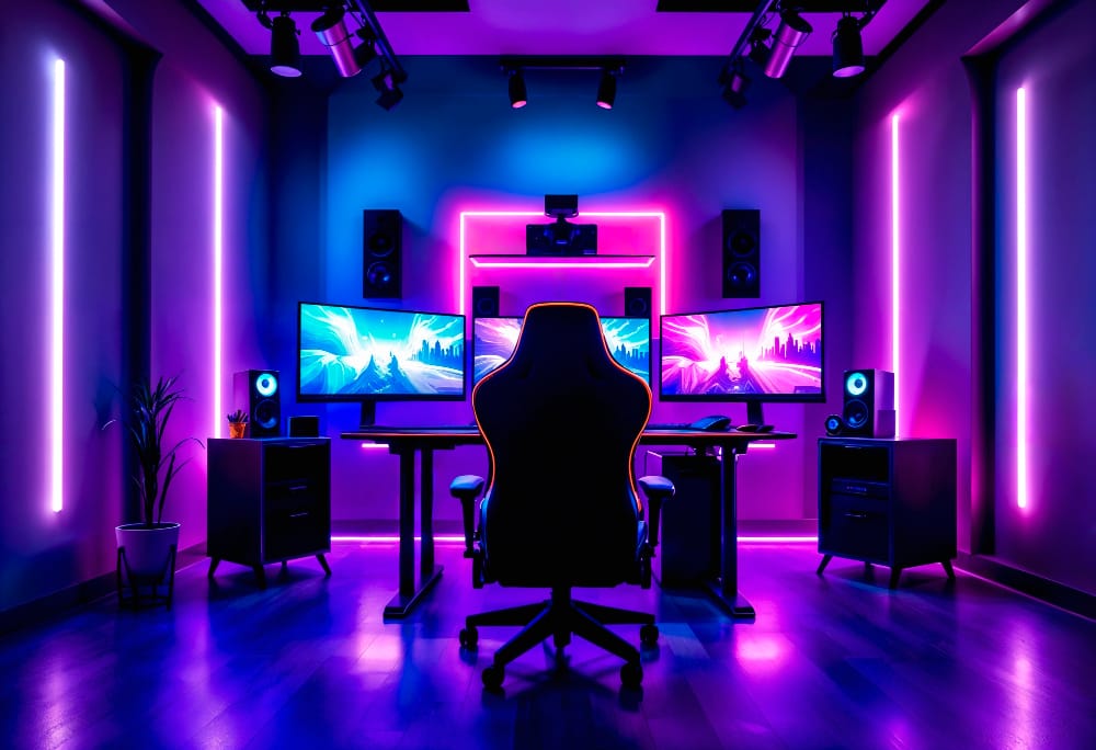 A futuristic gaming setup with a high-backed chair at a dual-monitor desk, neon pink/purple lighting, and speakers in a dimly lit room.