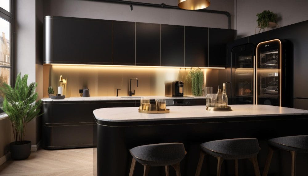 Modern black kitchen with a marble island, gold accents, and a tall glossy fridge against the wall with under-cabinet lighting.