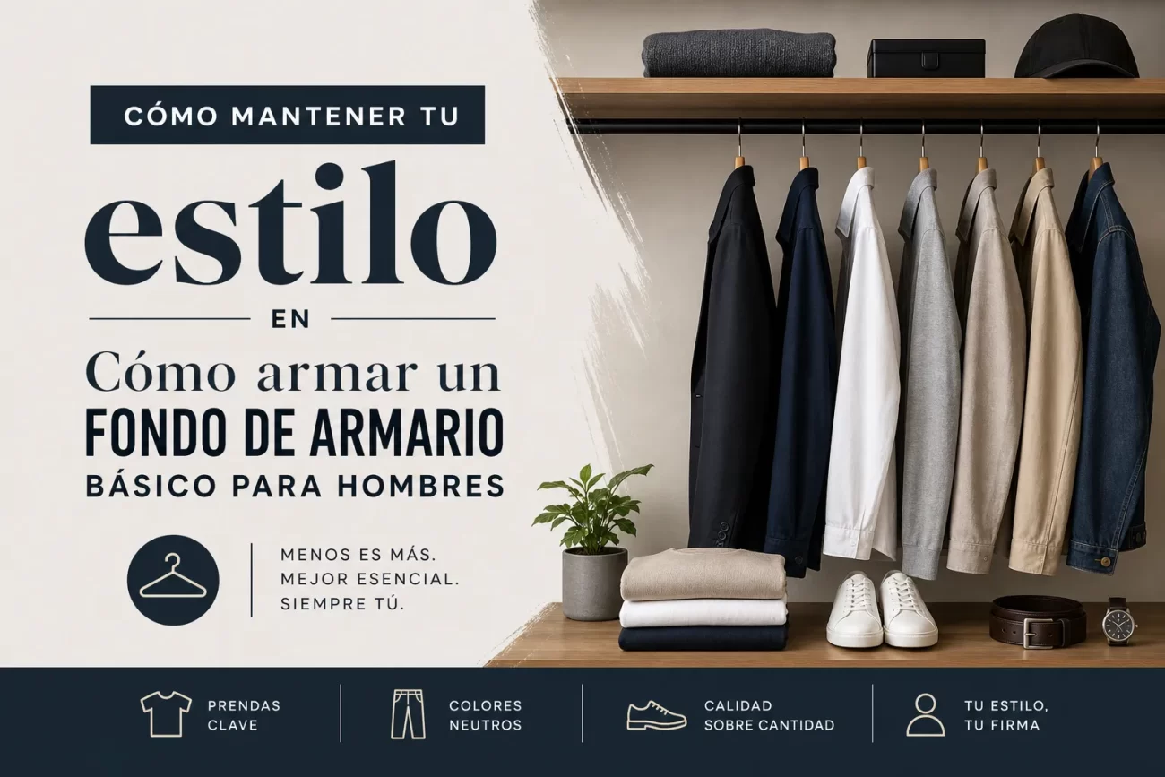 como-mantener-tu-estilo-en-Como-armar-un-fondo-de-armario-basico-para-hombres - Hunter Magazine Promotional banner: Spanish ad about building a basic men’s wardrobe, with jackets on a rack, folded clothes, shoes and accessories on a wooden shelf.
