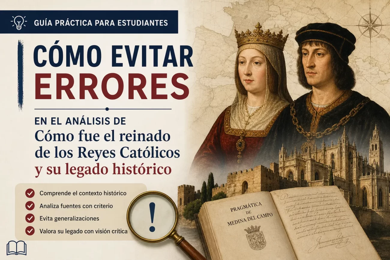 como-evitar-errores-en-el-analisis-de-Como-fue-el-reinado-de-los-Reyes-Catolicos-y-su-legado-historico - Hunter Magazine Poster publicitando un guía para estudiantes: 'Cómo evitar errores' con pareja medieval, mapa antiguo, catedral y libro abierto junto a una lupa y lista de verificación de puntos clave.